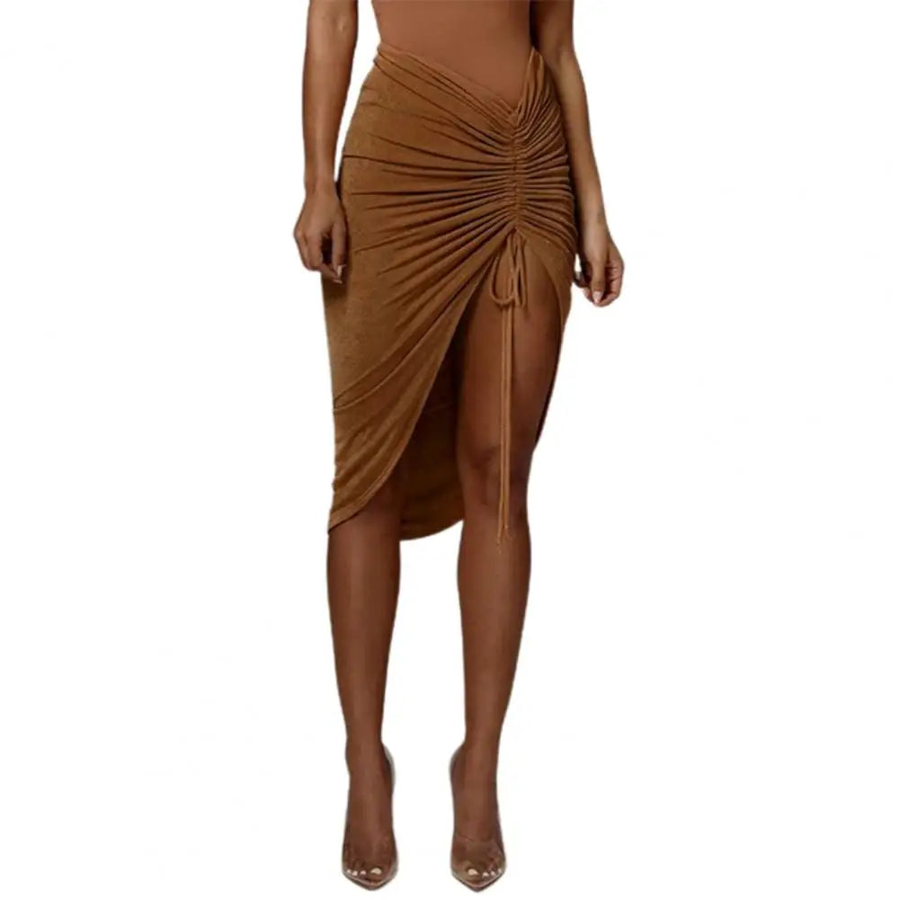 Clubwear Sexy Women Solid Draped Drawstring Sheath Skirts Bodycon Skirts Women High Split Irregular Shirring Skirt clothes