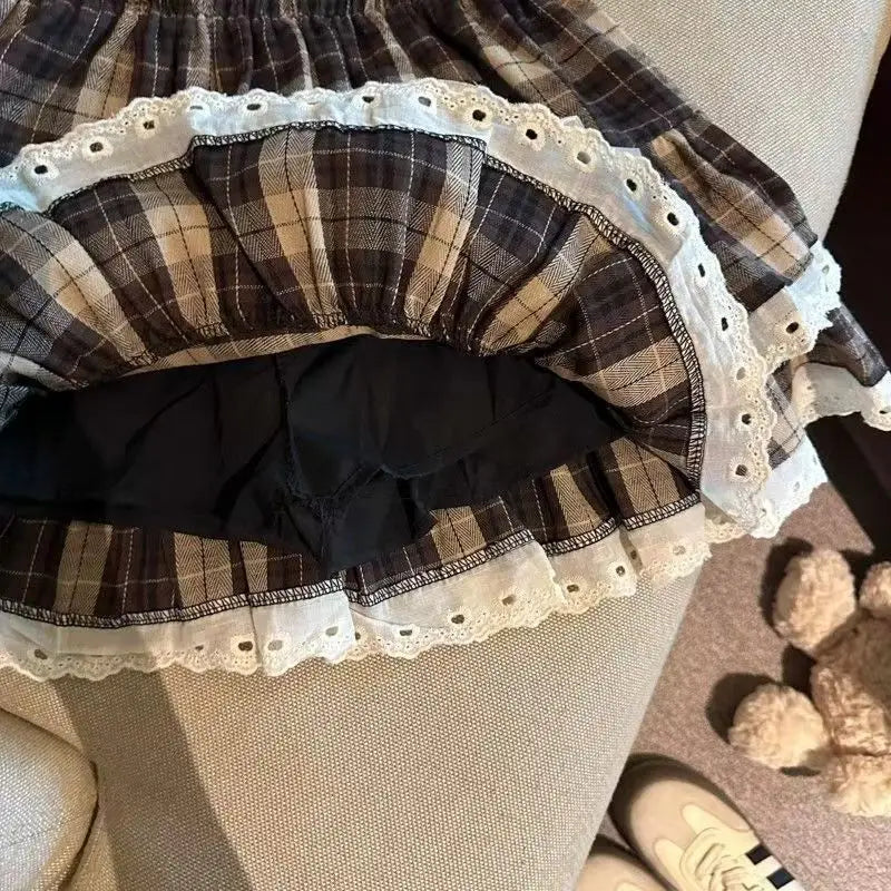 Sweet Cool Kawaii Y2K Puff Mini Skirt Women's Plaid High-Waist Lace Patchwork Bow Casual Dating Skirt  Lolita School Performance