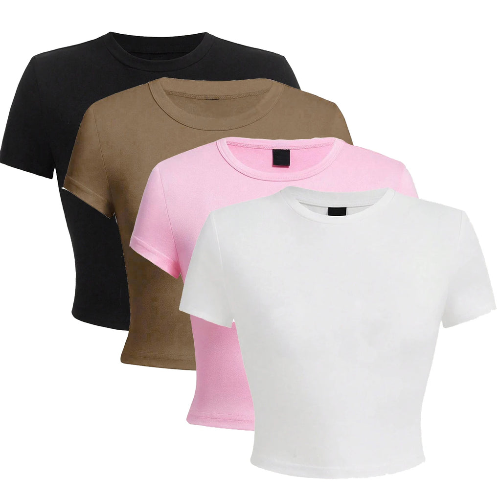 Y2K Woman Solid Cotton Crop Tops Short Sleeve High Elastic T-Shirt Soft O-Neck Sporty Tees Summer Street Fashion Female Clothes