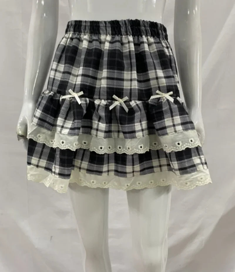 Sweet Cool Kawaii Y2K Puff Mini Skirt Women's Plaid High-Waist Lace Patchwork Bow Casual Dating Skirt  Lolita School Performance