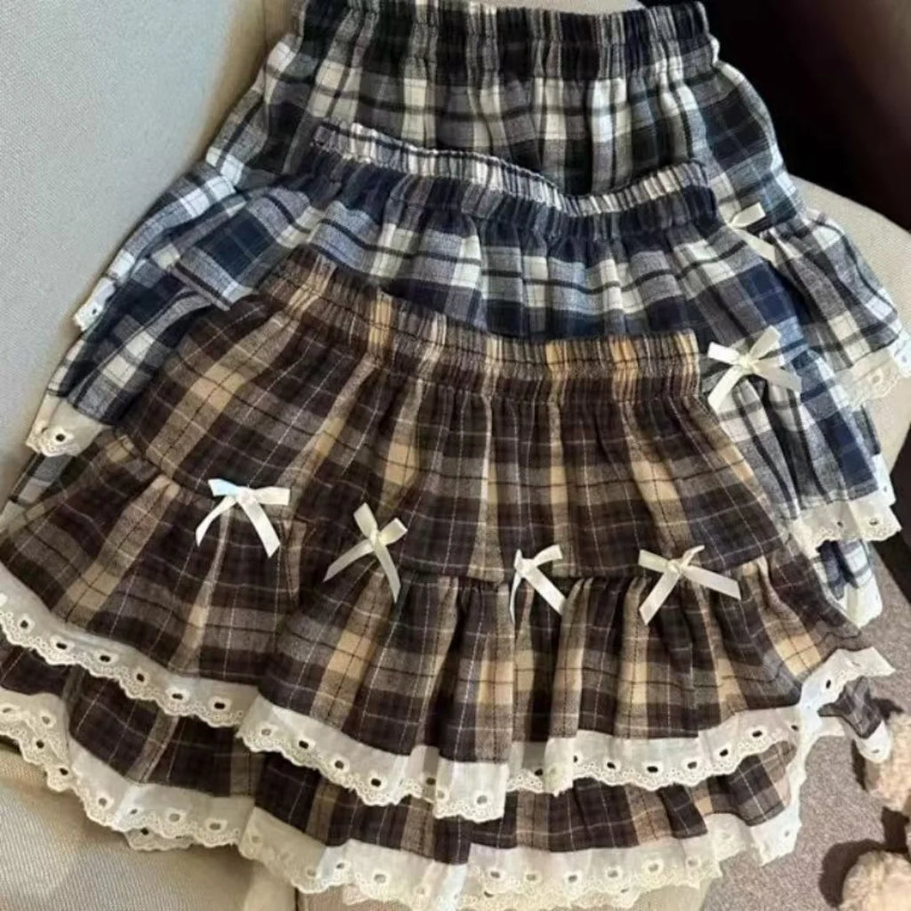 Sweet Cool Kawaii Y2K Puff Mini Skirt Women's Plaid High-Waist Lace Patchwork Bow Casual Dating Skirt  Lolita School Performance